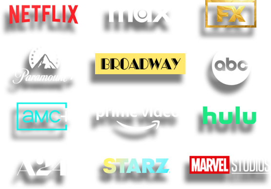 Logos of popular entertainment brands including Netflix, Max, FX, Paramount, Broadway, ABC, AMC, Prime Video, A24, Marvel Studios, and Starz.